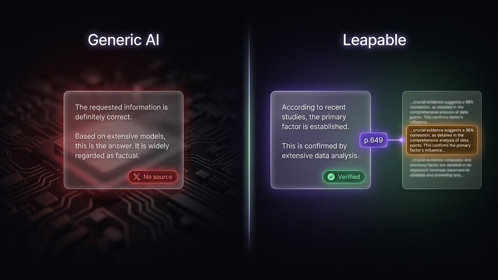 Side-by-side comparison: a generic AI answer marked 'No source' versus a Leapable answer marked 'Verified' with a citation to page 649 of the original source document.