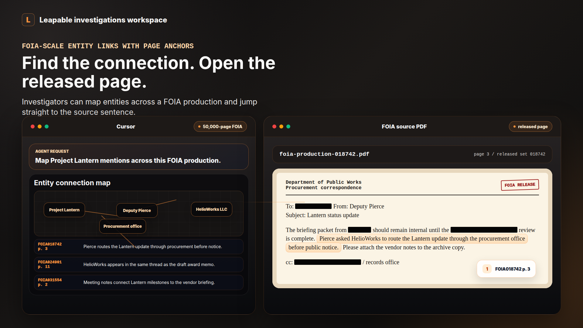 Leapable investigation workspace showing source-cited FOIA findings beside highlighted source files