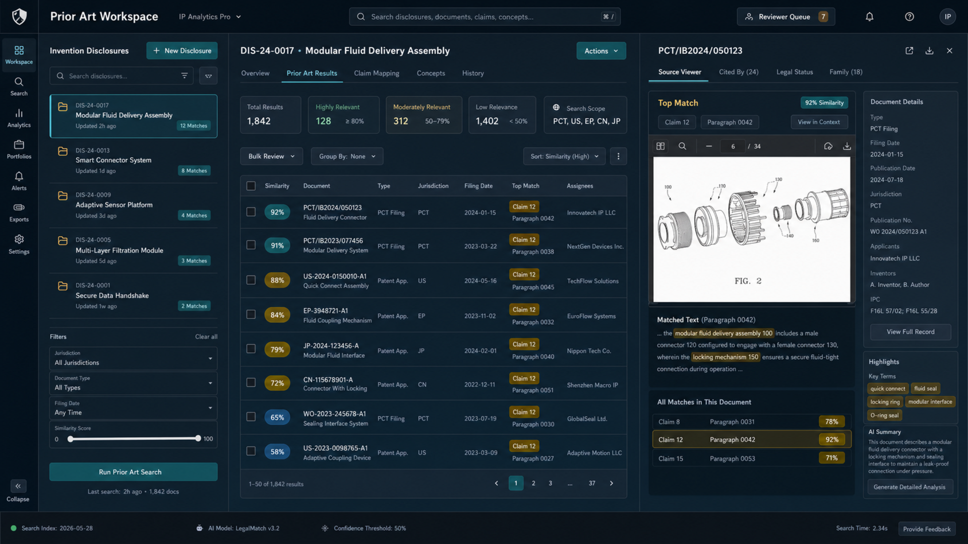 Leapable patent prior art workspace showing invention disclosures, prior art results, claim matches, and cited paragraph viewer