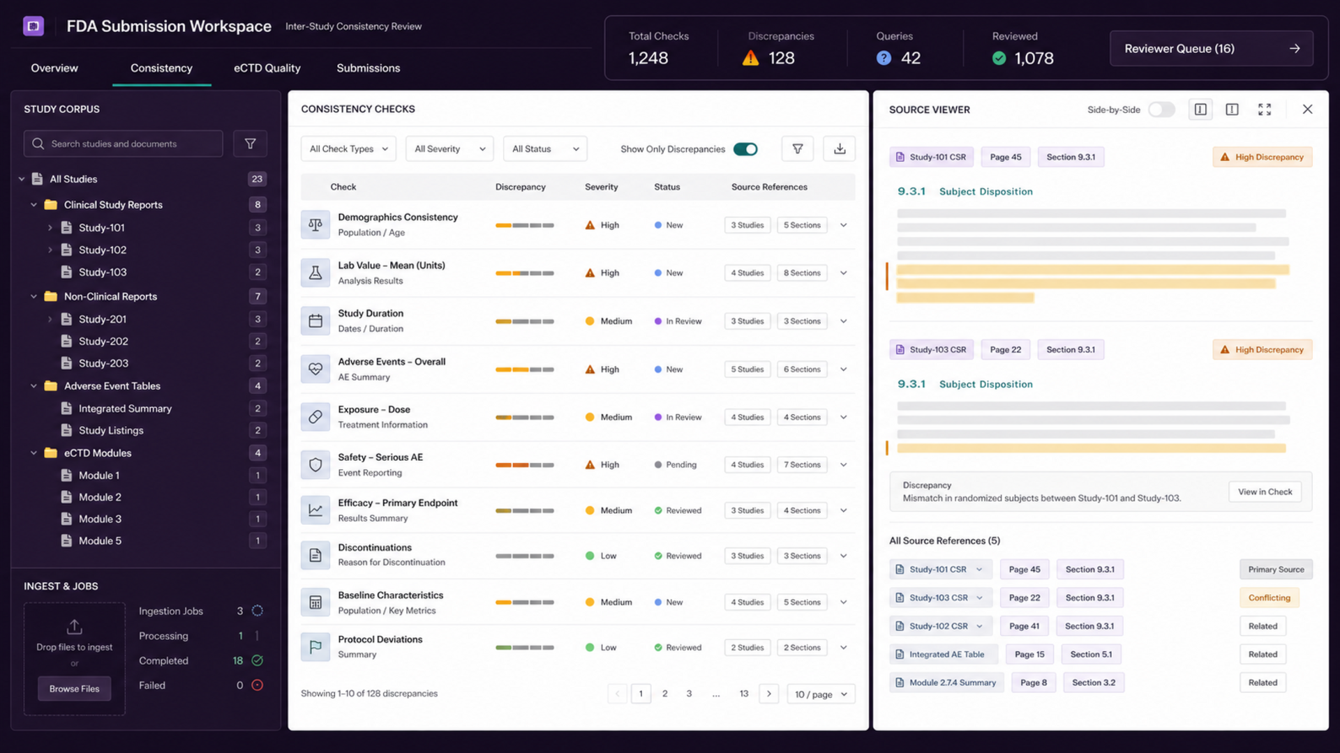 Leapable pharma FDA submission workspace showing study corpus consistency checks, discrepancy queue, and cited source viewer