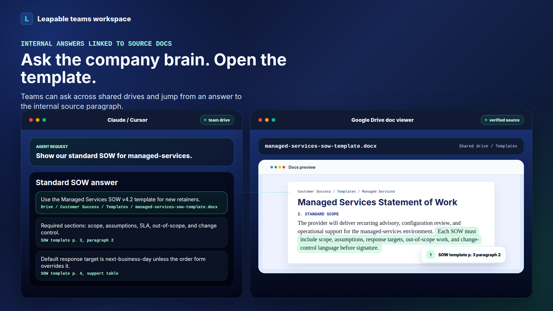 Leapable teams workspace showing a cited answer and a highlighted Google Drive document paragraph
