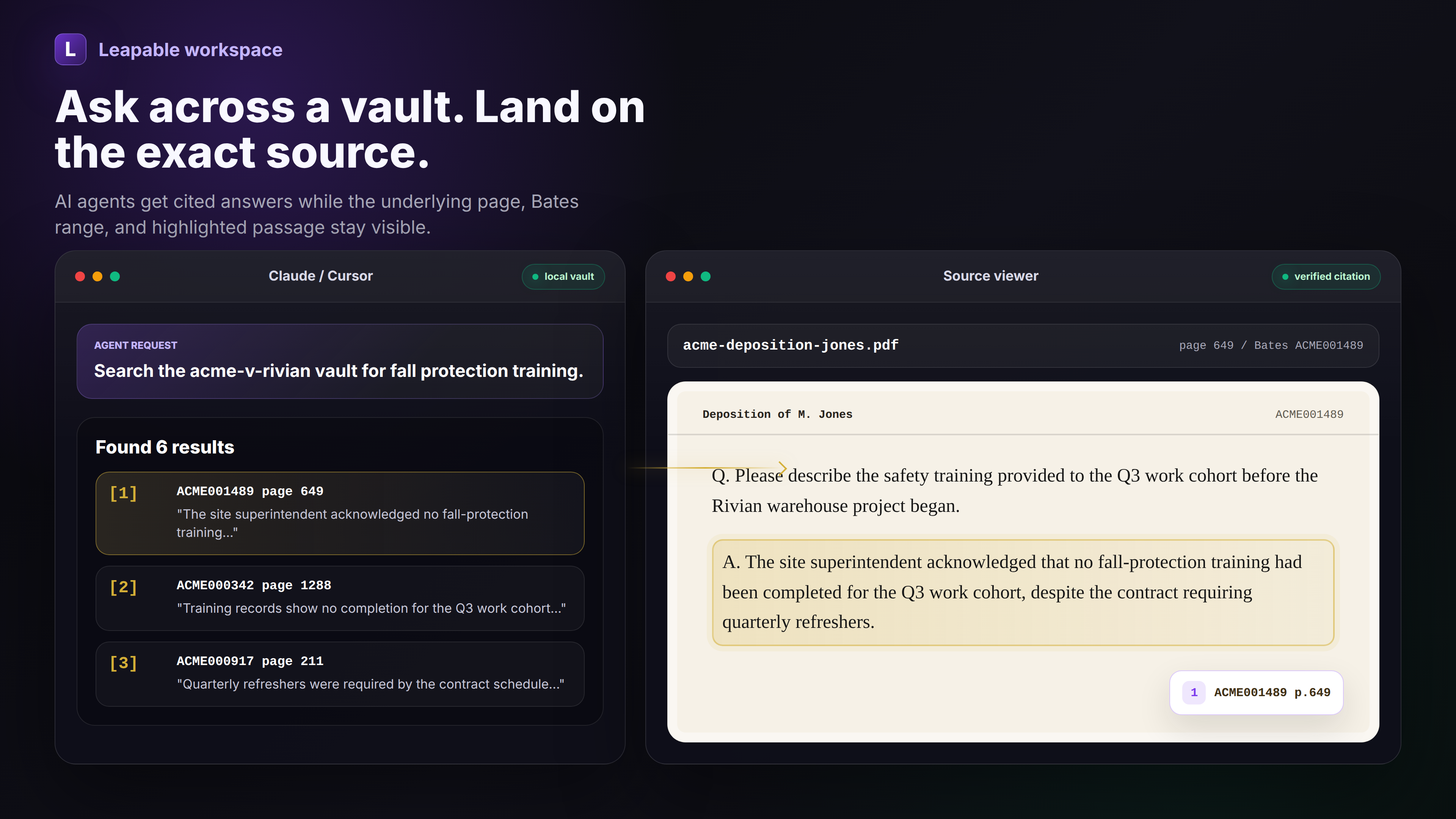 Leapable workspace showing an AI answer beside a highlighted source document paragraph