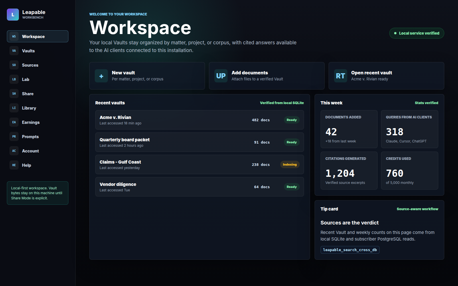 Leapable Workbench landing dashboard showing Workspace navigation, recent vaults, weekly stats, and a tip card